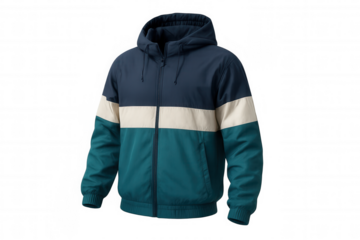 Hooded windbreaker jacket for men, presenting a stylish sportswear design with blue, white, and teal color blocking