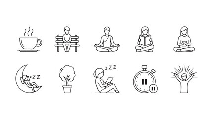 Collection of hand-drawn sketch icons representing relaxation meditation sleep and mindfulness vector