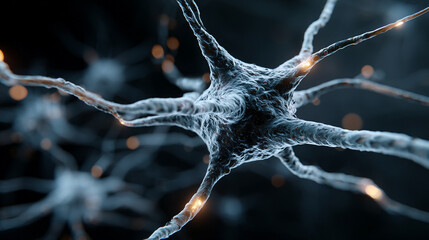 3D visualization of human brain neuron activity forming a neural network. Symbolizes neuroscience, cognition, psychology, mental health, intelligence, memory, and artificial intelligence learning.
