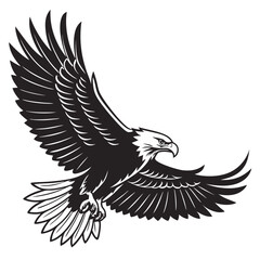 Obraz premium Black and white illustration of a majestic bald eagle in powerful flight with outstretched wings.