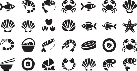 Vector Collection of Seafood Icons Including Fish, Shrimp and Crab Symbols