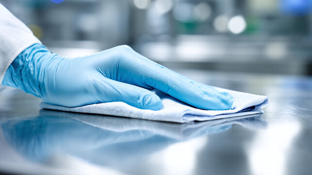 Gloved hand wipes surface. Sterile, controlled environment. Cleanroom protocol for contamination prevention, quality assurance, and regulated manufacturing.