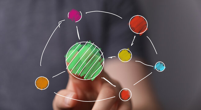 Hand pointing at a central green node connected to colorful nodes, symbolizing global network, teamwork, and strategy.
