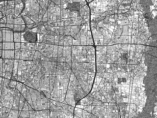 Fototapeta premium Detailed black and white map of Higashi-osaka, Japan, in artistic sketch style.