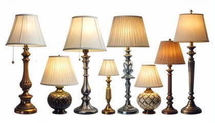 Collection of twelve unique table lamps with varied designs materials and mechanisms on white background for editorial interior decor lighting comparison and product styling-themed visuals