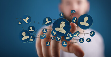 Human finger touches a network of people, representing digital connection, social media, networking, global business.