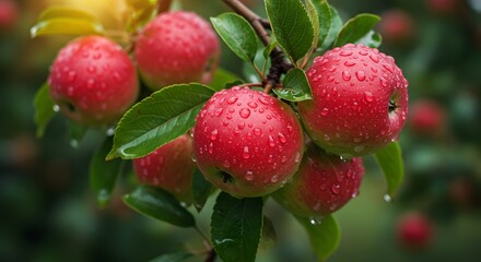 Obraz premium Close-up of ripe red apples with water droplets on a branch.