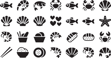 Seafood Line Icons Set with Fish, Shrimp, Crab, Shells and Sushi Symbols