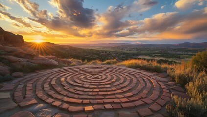 Panoramic vista showcasing a red brick labyrinth during a golden sunset