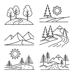 A collection of six minimalist black and white line art illustrations depicting various natural landscape scenes with mountains, trees, rivers, and the sun.