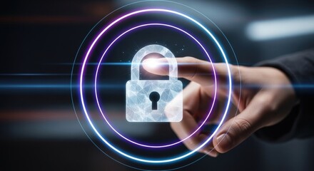 Finger touching a digital padlock, symbolizing cybersecurity and data protection