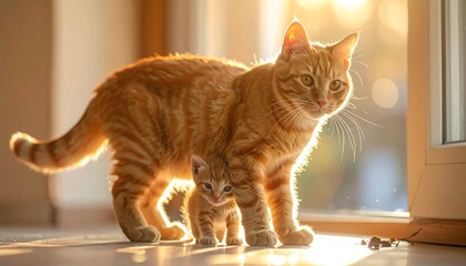 Mother cat and kitten by window in sunlight