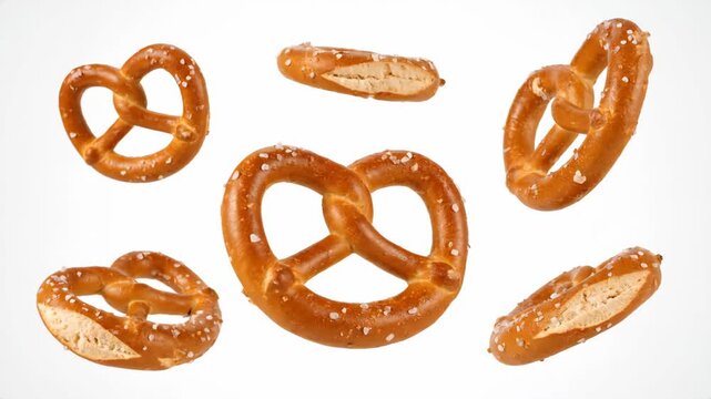 Delicious Pretzels With Salt Float on a White Background in Studio Shot