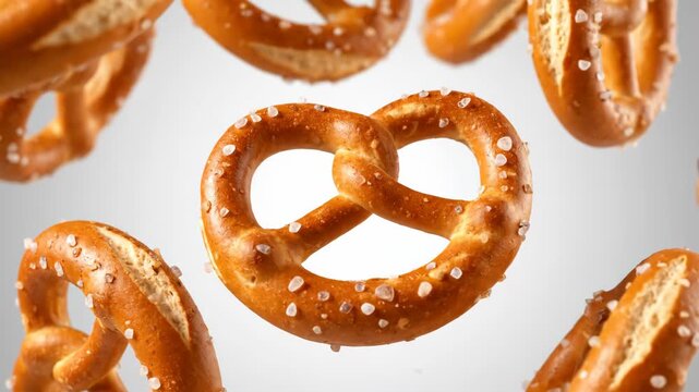 Salty Pretzels Floating Against a Bright Neutral Background