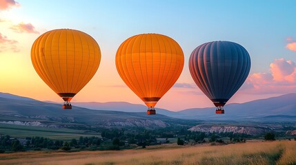 Fototapeta premium Colorful hot air balloons floating above a scenic valley at sunset
