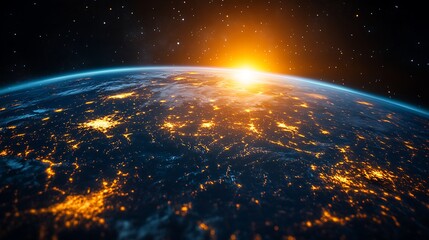 Spectacular view of planet Earth from space at sunrise, showing city lights