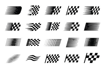 Set of black and white racing checkered flag and speed effect icons Keywords: racing flag, checkered flag, speed effect, motion blur, abstract