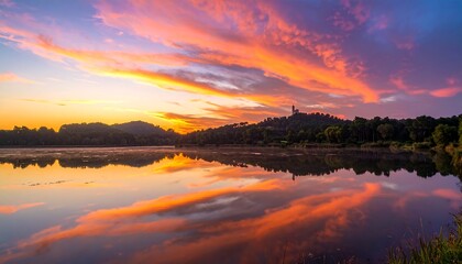 Vibrant Sunset Reflection - Fiery Orange and Purple Clouds Mirrored in Calm Lake, Silhouetting Distant Hilltop Landmark.