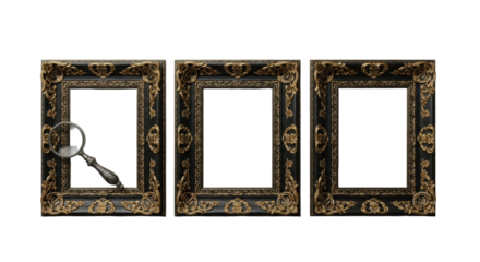 Three identical ornate baroque dark wood frames with golden gilded carvings and a magnifying glass, empty for copy space, on a seamless transparent background. Concept of elegant display