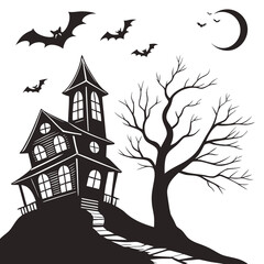 Black silhouette haunted house on hill with bats and crescent moon