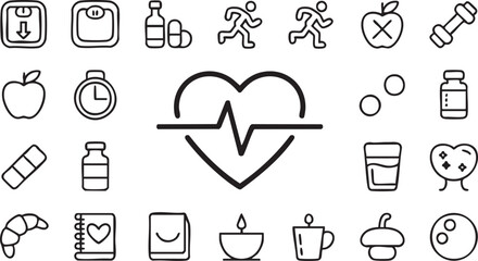 Health and Nutrition Outline Icons for Exercise, Supplements and Daily Wellness
