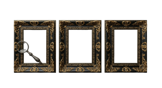 Three identical ornate baroque dark wood frames with golden gilded carvings and a magnifying glass, empty for copy space, on a seamless transparent background. Concept of elegant display - Powered by Adobe