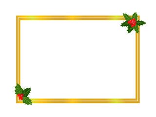 Golden shiny Christmas frame with holly leaf and berry on white background vector blank design template.