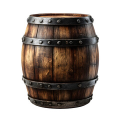 Obraz premium A wooden barrel with iron bands, high texture detail, isolated on white background, centered object --ar 1:1 --raw