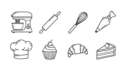 Hand drawn bakery icons featuring mixer whisk rolling pin chef hat cupcake croissant and cake vector