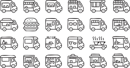 Food Truck Line Icons with Street Food Vans, Mobile Cafes and Burgers