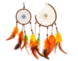 Two intricate dreamcatchers with vibrant feathers and bead accents