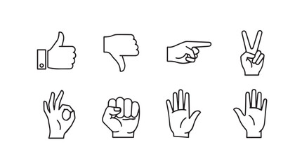 Fototapeta premium Collection of hand gestures icons showing communication and actions in simple line art style vector