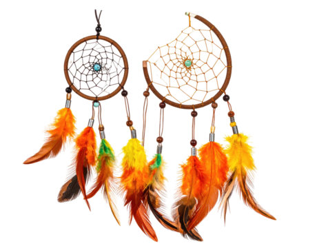 Two intricate dreamcatchers with vibrant feathers and bead accents