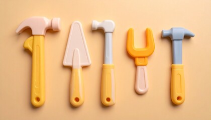 Colorful toy tools for children arranged on light orange surface including pastel hammers trowel and wrench with rounded plastic design for editorial early education photography play-based learning an