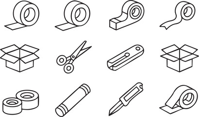 Vector Icons Set of Packaging Materials Including Adhesive Tape and Box Cutter