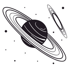 Black silhouette planet with rings and dots space cosmos