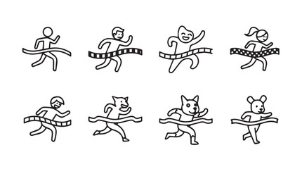 Happy runners crossing finish line diverse characters celebrating victory and achievement in sports vector