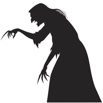 Black silhouette of an evil witch with long fingers