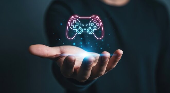 A neon gamepad on a hand, representing modern gaming and esports, with a dark background
