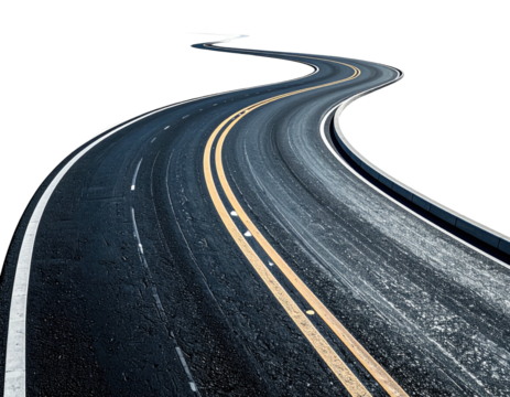 Winding road with double yellow lines, white shoulder, receding into darkness