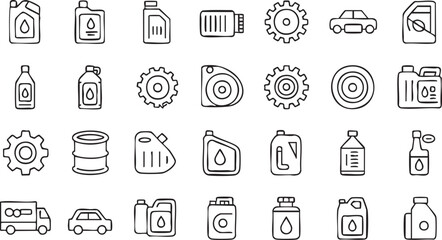 Outline Icons of Car Oil, Lubricants and Mechanical Gear Parts Vector Collection