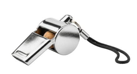 Metal whistle with lanyard for sports training or safety isolated PNG with Transparent Background
