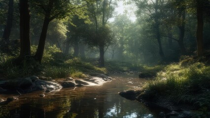 Obraz premium Sunlit stream meanders through a misty forest