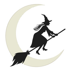 Black witch silhouette flying on broomstick past crescent moon