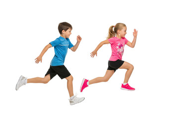 Two Energetic Kids Running Side by Side in Full Sprint