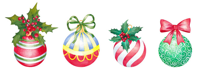 New Year's tree decorations, balls. Watercolor illustration.