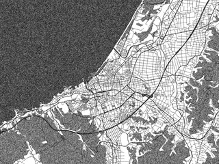 Naklejka premium Illustrated city map of Kashiwazaki, Japan, in black and white, showing roads and textures.