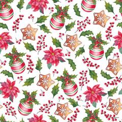 Seamless pattern of Christmas decorations. Watercolor illustration.