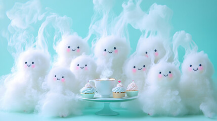 Group of cute fluffy ghosts with rosy cheeks having tea party with tiny cupcakes
