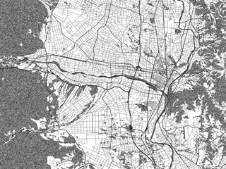Naklejka premium Detailed artistic sketch map of Kitakami, Japan, in monochrome black and white.